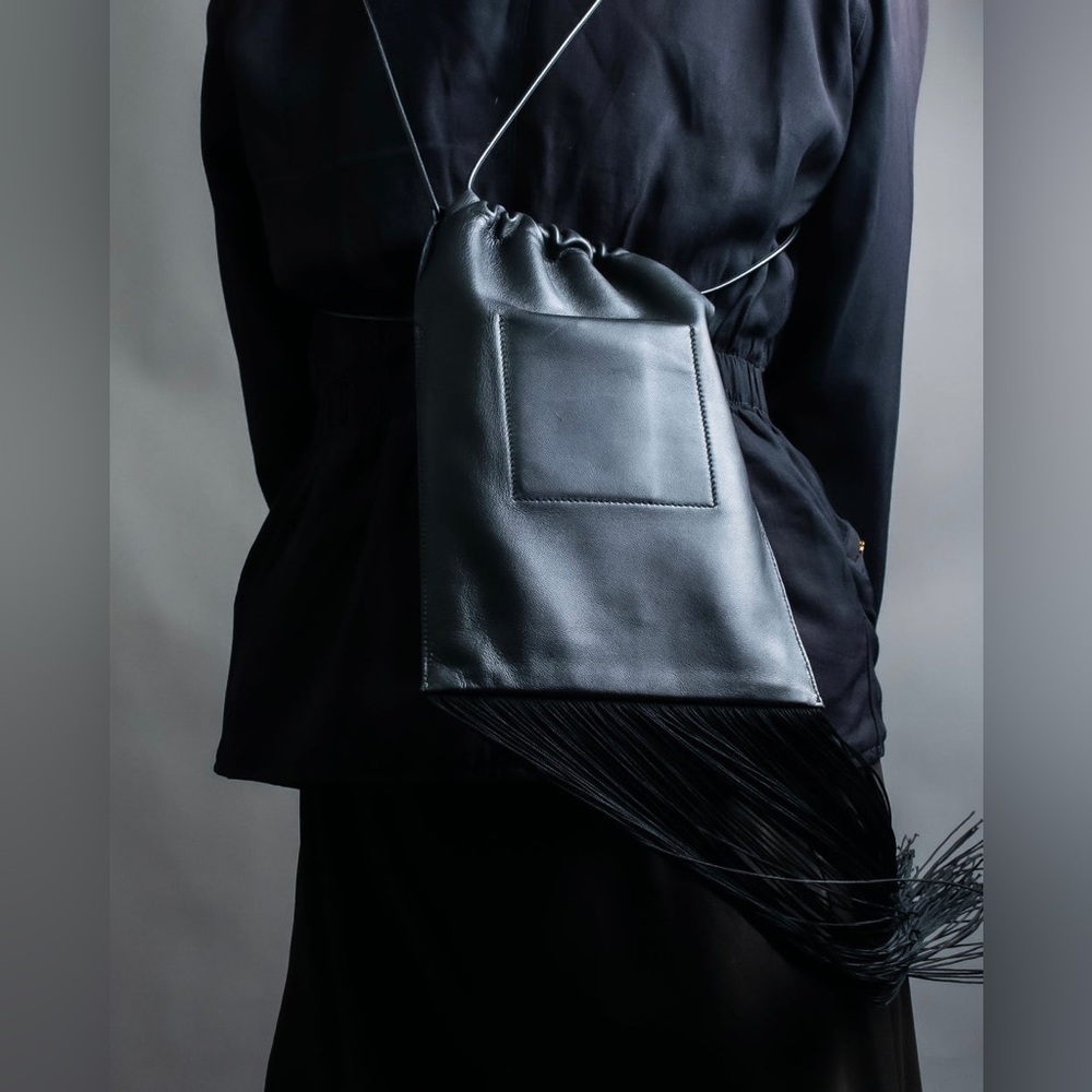 Jil Sander Designer Black Leather Tassle Fringe Unique Smooth Bag Handbag Should - Picture 11 of 16